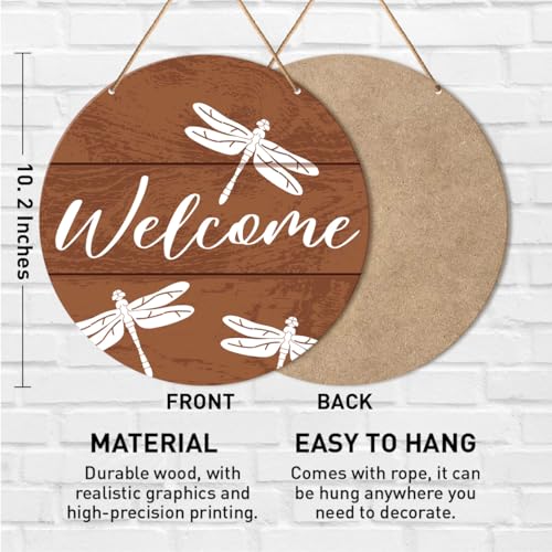 Muktoujaumai Welcome Sign Front Door Decor, Welcome Round Hanging Sign Decor Rustic Decorations Dragonfly Wall Wood Sign for Door, Porch, Home, Housewarming Gift for New House Friend Family - color: Y6