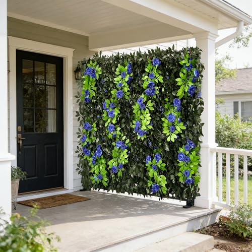 Expandable Privacy Screen with Artificial Flower for Balcony Patio Fence Greenery Privacy Fence Outdoor Leafy Blue Rose 1pcs - color: Leafy Blue Rose, size: 1pcs