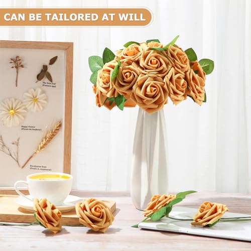 100 Pcs Artificial Foam Rose Flower Faux Bouquet Wedding Fake Rose Gift for Mother's Day Women DIY Bridal Shower Party Table Birthday Home Spring Decor (Gold) - color: Gold