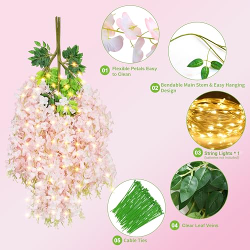 12 PCS Wisteria Hanging Flowers with Lights, 3.6ft Fake Vines Artificial Wisteria Garland Silk Flower String for Wedding Arch Garden Party Home Ceiling Wall Backdrop Tent Decoration (Light Pink) - color: Light Pink With Lights, size: 12 Pack