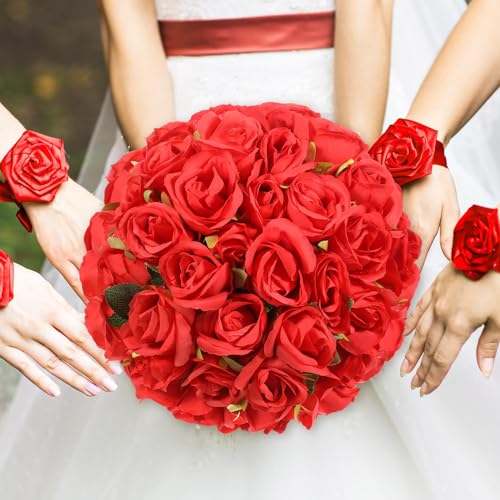 Hoteam 72 Heads Artificial Red Rose Flowers 6 Bouquet Wedding Decoration Faux Flower Arrangement Bouquet with Stem Bridal Shower Gift Floral Centerpiece for Tables - color: Red