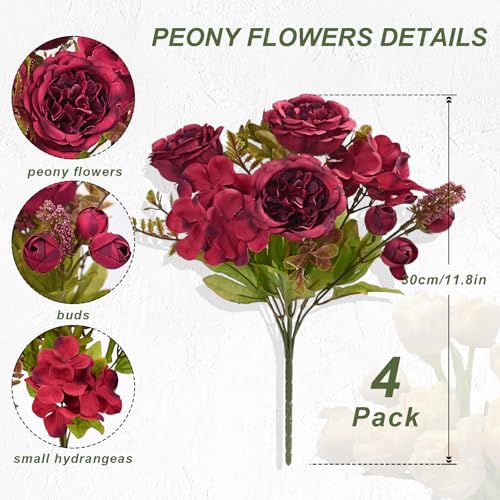 MARTINE MALL 4 Packs Peonies Artificial Flowers, Burgundy Artificial Peonies, Silk Peonies Flowers Fake Peonies Artificial Flowers Peonies Bouquet for Halloween Centerpiece Table Wedding Home Decor - color: Red, size: 4PCS
