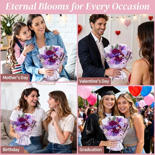 Lewondr Flower for Delivery, Preserved Flowers Bouquet, Purple Roses Bouquet, Real Long-Lasting Forever Birthday Flowers Gifts for Mom Grandma Women Mothers Day Anniversary Christmas, Purple - color: Dark Purple