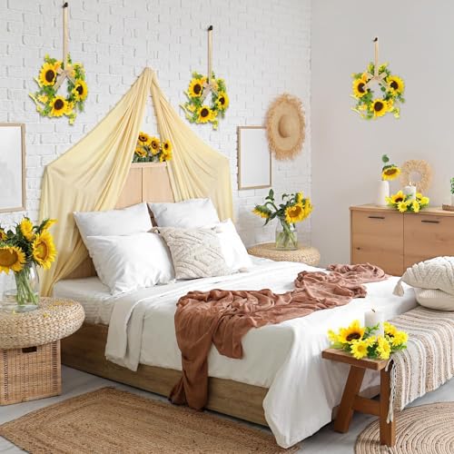 6 Pcs Small Sunflower Wreaths with Ribbon for Cabinet Front Door Mini Artificial Floral Hanging Wreath 3" Spring Summer Fake Yellow Daisies Wreaths Farmhouse Pillar Window Home Wall Party Décor - color: Sunflower