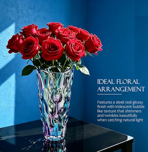 9.5" High Thickened Colorful Blue Glass Flower Vase for Home Decor, Dining Wedding Table Office Holiday Party Centerpiece Decoration - color: Magic Magic Colorful Blue Color