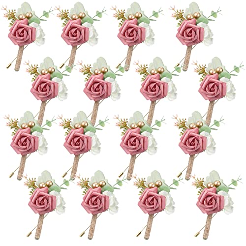 Crowye 16 Pcs Boutonniere for Men Wedding with Pins Set Groom and Groomsmen Ceremony Anniversary Corsage Wedding Flowers Artificial Bouquets for Formal Dinner Party Fall Vintage Prom(Dusty Rose) - color: Dusty Rose