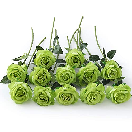 Laelfe 12 PCS Artificial Flowers Roses Silk Flowers Fake Long Stem Artificial Roses for Home Wendding Kitchen Decorations(Green) - color: Green