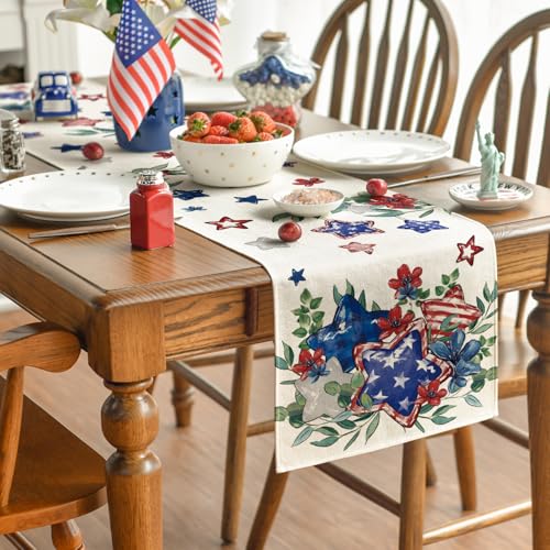 Artoid Mode Eucalyptus Flowers Stars Patriotic 4th of July Table Runner, Memorial Day Kitchen Dining Table Decoration for Home Party Decor 13x72 Inch - color: Beige, size: 13" x 72", Table Runner