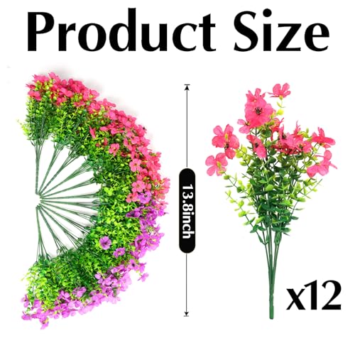 Artificial Flowers for Outdoors, 12 Bundles Outdoor Faux Plants,Uv Resistant Artificial Fake Flowers Plants, Realistic Spring Decor for Porch, Patio, Yard (LightRedPurple) - color: Lightredpurple