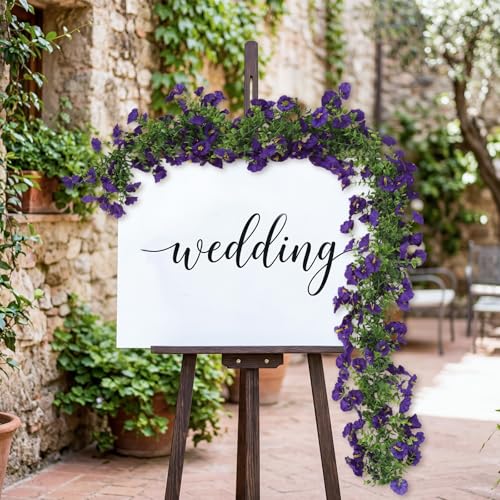 2 Pack Artificial Petunias Flowers Garlands, 6FT Purple Fake Morning Glory Flowers Eucalyptus Vine for Decoration Silk Flowers for Outdoor Home Garden Wall Wedding Decor(Purple) - color: Purple