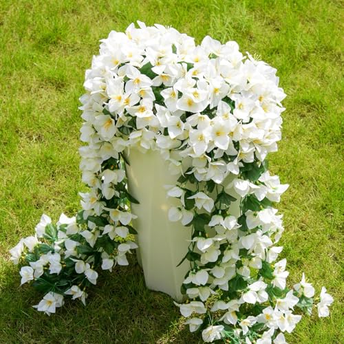 ATTGREAT Artificial Bougainvillea for Outdoors Faux Plants UV Resistant Flowers Fake Plastic Plants Realistic Silk Flowers for Porch Planter Garden Outside Hanging Decoration, 2Pcs (White) - color: White