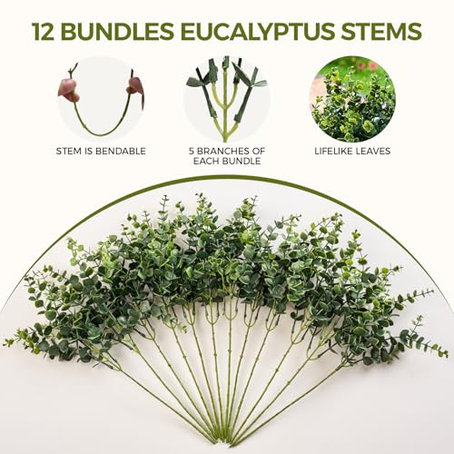 Eucalyptus Stems Artificial Eucalyptus Leaves Branches 12 Bundles Greenery Fake Plants for Home Office Flowers Bouquet Centerpiece Wedding Decoration, Christmas Decor, DIY Gift Box Embellishment - color: A Green Eucalyptus Leaves 12pcs