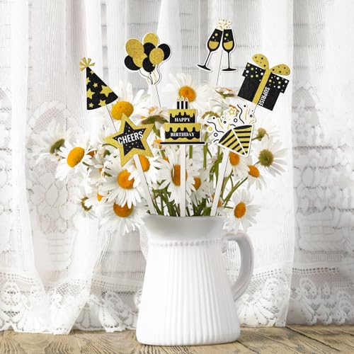 TICIAGA 14PCS Black Gold Birthday Wooden Decorative Picks, Vintage Gold Black and Silver Double-Sided Wooden Picks Cheers to Birthday Table Decorations, Black Gold Wood Decor for Home Vase Filler - color: Birthday Black Glod