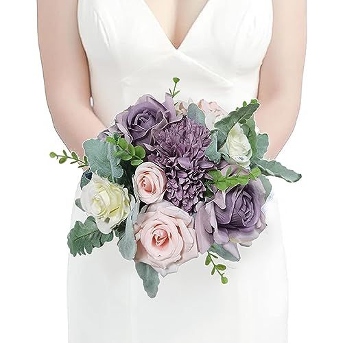Rinlong 9" Wedding Bouquet for Bride, Pastel Purple Silk Bridal Bouquet - color: 18-light Purple