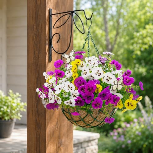 Geegoods Extra Full 36 Stems Artificial Pansies Flowers for Outdoor with 6 Pcs Butterflies, UV Resistant Faux Flowers for Hanging Baskets Window Box Porch Garden Summer Decor - color: Purple White Yellow, size: 36PCS with Butterfly