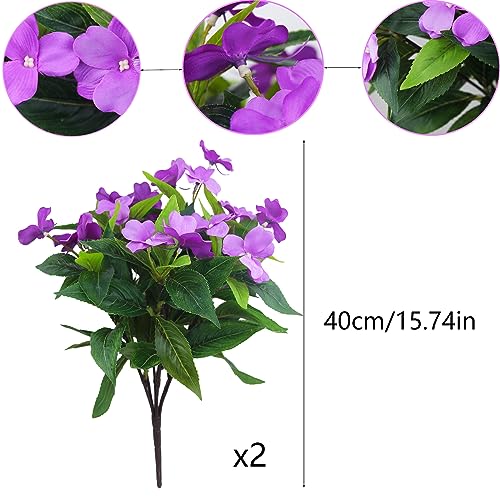 2 Pcs Artificial Impatiens Flowers for Outdoors Faux Impatiens Bushes Purple Silk Flowers Greenery Faux Flowers for Outdoor Planters Patio Lawn Garden Balcony Pot Hanging Basket Porch Decor - color: Purple