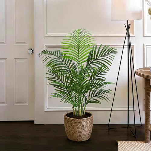 Artificial Palm Tree Indoor, 3.5FT Tall Faux Plants, Fake Tropical Silk Floor Plant with White Planter, Faux Areca Palm Plant Artificial Tree in Pot for Home Room Office Outdoor Patio Decor