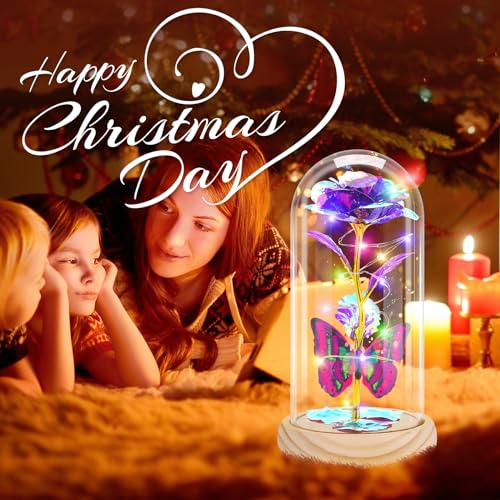Otlonpe Preserved Artificial Rose Flower Lamp, Forever Women Gifts for Birthday Christmas Valentines Mothers Day, 7.7'' Glass Rose Wood Base Butterfly, Gifts for Mom Grandma Daughter Wife Girlfriend - color: Wood Purple