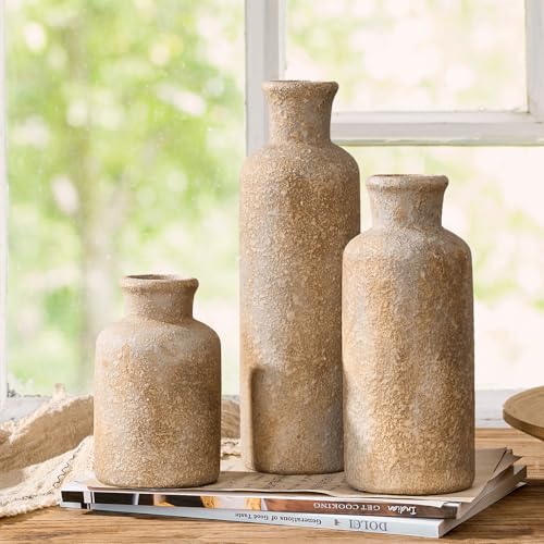 LUKA Ceramic Rustic Farmhouse Vase Set of 3,Terracotta Vases for Decor,Antique Vase for Your Bedroom,Office,Living Room,Fireplace,Bookshelf Decor,Housewarming (10+7.5+5 Inch) - color: Imitation Wood Color