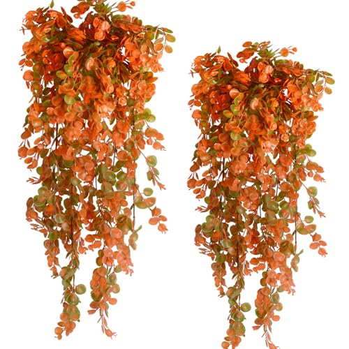6pcs Artificial Hanging Fall Plants Fake Hanging Plant Faux Eucalyptus Leaf Greenery Vine Outdoor UV Resistant Plastic Plants (6, Fall Orange) - color: Fall Orange