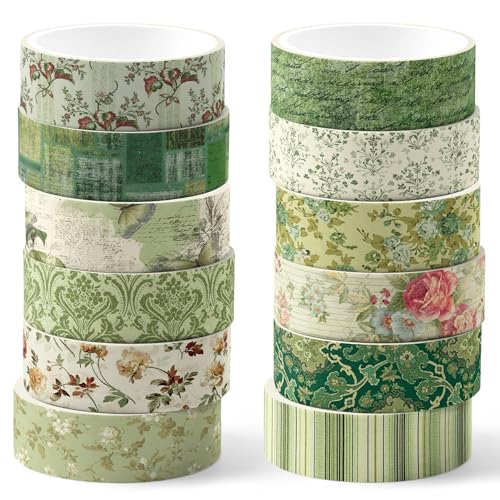 12 Rolls William Morris Floral Washi Tape Set, Retro Garden Damask Butterfly Patchwork Stripe Pattern Decorative Masking Tapes for DIY Art Craft,Scrapbook,Journaling,Planner,Gift Wrapping,Card Making