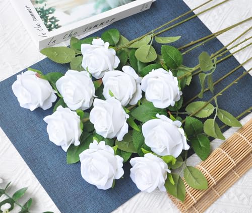 Kenpal Realistic Fake Roses Artificial Flowers with Stem for Decoration Floral Arrangement Centerpieces Wedding Bouquets (10, White) - color: White