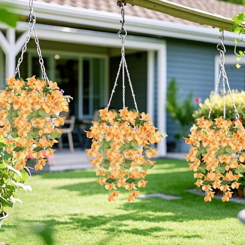 IPOPU Artificial Bougainvillea Hanging Flowers 2PCS UV Resistant Fake Silk Bougainvillea Plant Vine Faux Hanging Flowers for Garden Yard Porch Patio Wedding Wall Home Outdoor Decor (Orange) - color: Orange