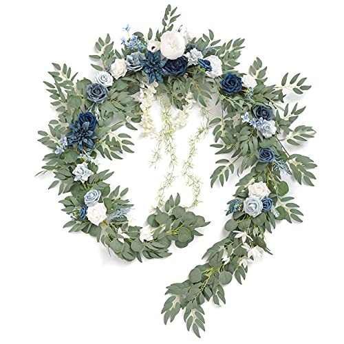 Ling's moment 9FT Spring Flower Garland- Wedding Arch Flowers for Backdrop Decoration, Eucalyptus & Rose, Artificial Floral Garland for Mantle - Sweetheart Head Table Decor for Reception, Dusty Blue - color: Blu-dusty Blue & Navy