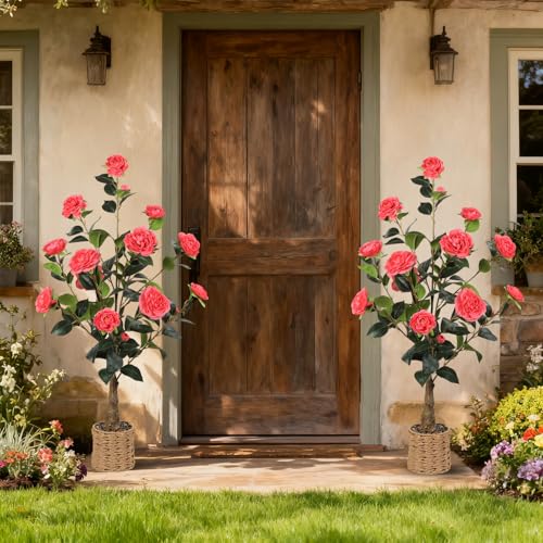 2Pack Artificial Camellia Tree, 3Ft Faux Pink Camellia Plant in Pot, Fake Outdoor Tree Camellia Flower Tree for Home Office Living Room Floor Indoor Decor - color: Pink