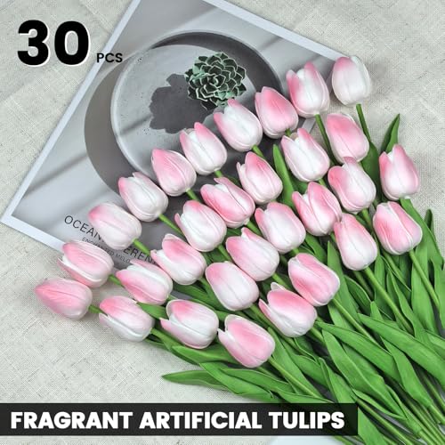 30 PCS Artificial Tulips Real Touch Tulips 13.5inch Long Stem Fake Flowers Silk Flowers for Spring Easter Mother's Day Decorations（Light Pink） - color: Light Pink