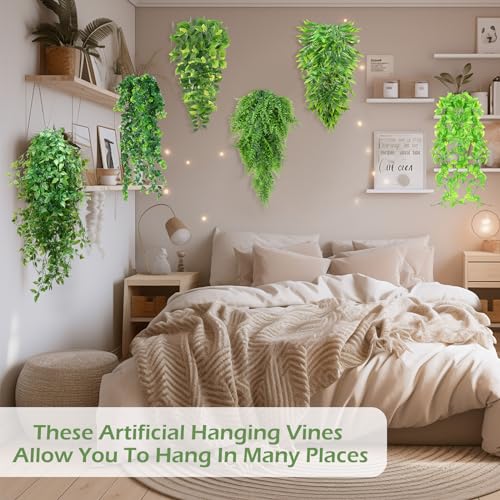 Hoteam 12 Pcs Artificial Hanging Plants 32 Inch Fake Ivy Vines with Fake Leaves Patio Artificial Plants Greenery for Living Room Indoor Outdoor Wall, No Basket (6 Style Mixed) - color: 6 Style Mixed