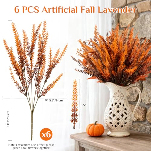RAINFLOW 6PCS Artificial Fall Flowers for Outdoors Thanksgiving Decor UV Resistant Artificial Autumn Lavender Flowers, Vivid Fall Flower for Vase Planter Garden Patio Balcony Thanksgiving Decor