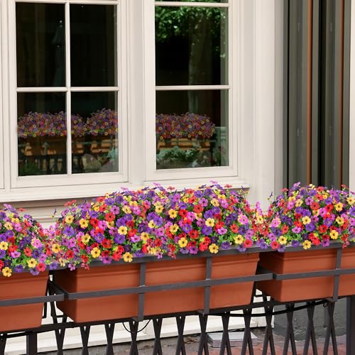 Ammyoo Artificial Flowers for Outdoors Potted Spring Decor, 12 Bundles Fake Summer Daisy with Realistic Eucalyptus Leaves, Faux Plants for Greenery Boxwood Porch Patio Garden Pot Lawn - color: 4 Colors(purple Deep Purple Red Yellow)