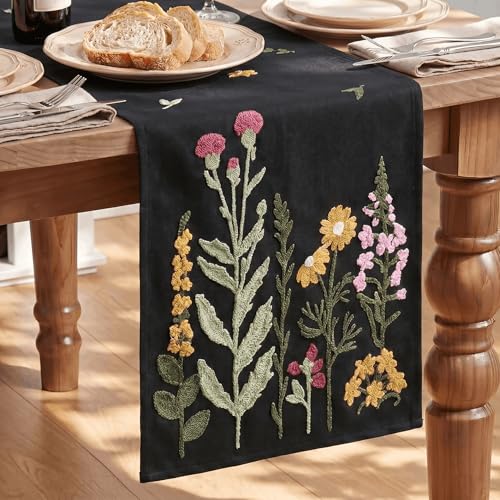 Artoid Mode Black Soft Chain Embroidery Wild Floral Spring Table Runner, Seasonal Halloween Kitchen Dining Table Decoration for Home Party Decor 13x72 Inch - color: Black, size: 13" x 72", Table Runner