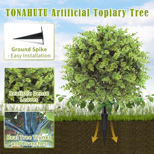 Artificial Topiary Tree with Eucalyptus, Set of 4 UV Resistant Fake Evergreen Shrubs with Ground Spike for Porch, Artificial Plants for Outdoor Indoor Garden Planters, Lifelike Decor - color: Green