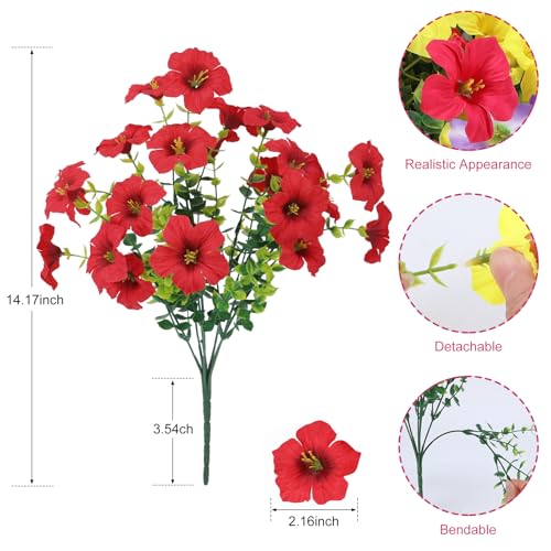 Artificial Petunia Flowers Outdoor, 12 Bundles UV Resistant Faux Plants | Silk petunias in purple, pink, yellow, white & red; UV resistant stems for planters, baskets, porch, garden decor. - color: Mix 6 Colors, size: 12 Bundles-Small Petunias