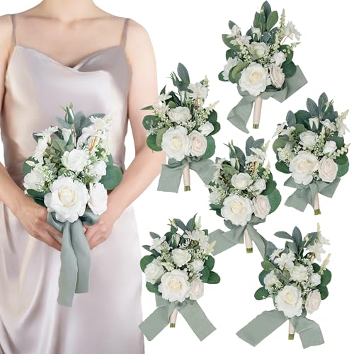 Set of 6 White Bridesmaid Bouquet, Sage Green Bridal Bouquets for Bridesmaids,Small Wedding Bouquet,for Wedding, Ceremony, Anniversary, etc,Artificial Flowers - color: White & Sage Green