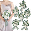 Set of 6 White Bridesmaid Bouquet, Sage Green Bridal Bouquets for Bridesmaids,Small Wedding Bouquet,for Wedding, Ceremony, Anniversary, etc,Artificial Flowers - color: White & Sage Green