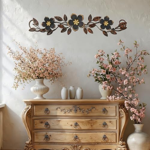Wesiti Metal Flower Wall Decor Vintage Metal Flower Wrought Iron Scroll Sculpture 15.7''x3.7'' Not 3D, Flat Farmhouse Leaf Wall Decor with Nails for Summer Bedroom Kitchen Indoor Outdoor(Black) - color: Black