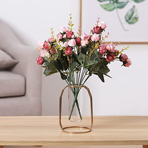 Duovlo 7 Branch 21 Mini Rose Heads Artificial Flowers Bouquet Wedding Home Office Decor,Pack of 2 (2 PCS Pink) - color: 2 Pcs Pink