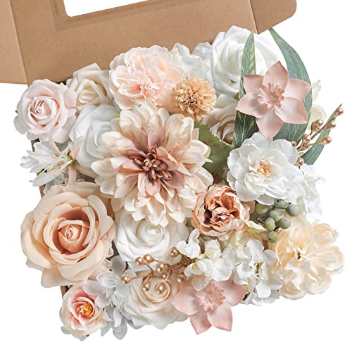 rongflower Artificial Flowers Combo Box Set Champagne Fake Flower Leaf Box with Stems for DIY Wedding Bouquets Centerpieces Arch Arrangement Baby Shower Party Home Decorations - color: Champagne White Coffee
