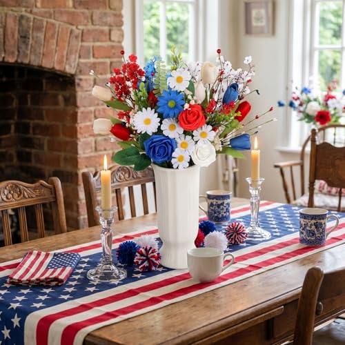 4th of July Artificial Flower Bouquet, 11 Stems Red White and Blue Faux Flowers with Roses Tulips and Baby's Breath, Patriotic Table Centerpiece for Home Vase Decor