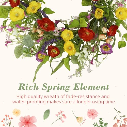 YNYLCHMX 20" Spring Summer Wreaths for Front Door, Artificial Floral Wreath with Green Eucalyptus Leaves, Green Foliage Wreath for Wall Window Farmhouse Party Holiday Home Decor - color: Red,yelllow, Purple Daisies