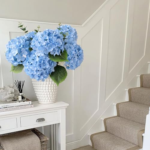 JINWOE Blue Flowers Hydrangea Artificial Flowers, 5Pcs 20Inch Large Lifelike Silk Artificial Hydrangeas, Full Fake Flowers for Bouquet Table Centerpieces Wedding Indoor Home - color: Blue