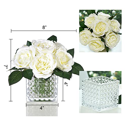 Artificial Peony Silk Flower Centerpieces Faux Floral Arrangement in Glass Vase for Home Wedding Table Decoration (Cream) - color: A-cream