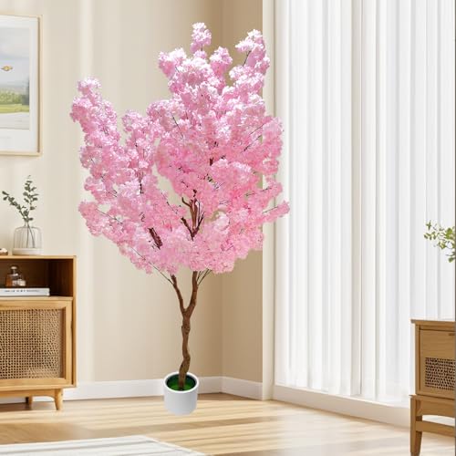 Cherry Blossom Tree 7ft, Pink Artificial Cherry Tree Fake Pink Tree for Wedding Party Home Living Room Decor - size: 6ft 11in