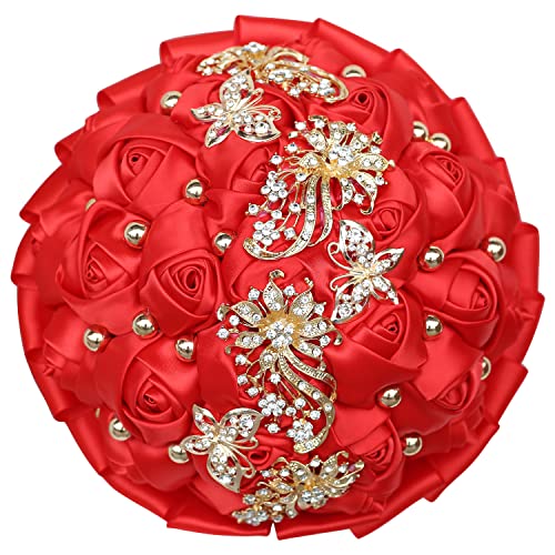 WIFELAI-A Golden Rhinestone Brooch Wedding Flowers Bridal Bouquets Crystal Bride Holding Bouquet White Ivory Satin Roses with Diamond - color: Red