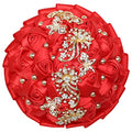WIFELAI-A Golden Rhinestone Brooch Wedding Flowers Bridal Bouquets Crystal Bride Holding Bouquet White Ivory Satin Roses with Diamond - color: Red