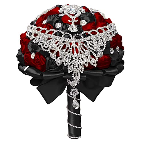 Sharebeauty 7.1 Inch Handmade Satin Rose Bridal Bouquet Toss Round Wedding Bouquet Throw Toss Artificial Flower Bunch Black + Dark Red - color: W28714 Black/Dark Red, size: 7.1"/18cm