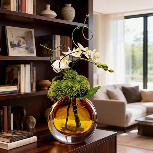 Artificial Orchids, White, in Translucent Bubble Glass Vase, Amber | Look Real, Realistic Appearance, Flower Arrangement - color: Amber